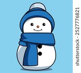 Cute snowman wearing blue beanie and blue scarf cartoon illustration