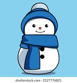 Lindo muñeco de nieve con gorro azul y bufanda azul ilustración de dibujos animados