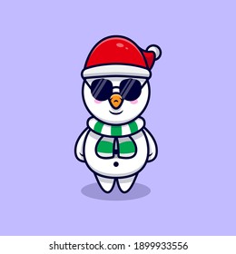 Cute Snowman Wearing Glasses Mascot Cartoon Vector Illustration. 