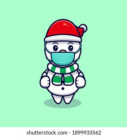 Cute Snowman Wearing Mask Mascot Cartoon Vector Illustration. 