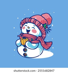 A cute snowman wearing a red beanie and scarf is having fun carrying a pumpkin at Christmas