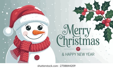 Un muñeco de nieve lindo que lleva un sombrero rojo y una bufanda con la nieve que cae, las hojas festivas del acebo, y las Navidades alegres elegantes y la tipografía feliz del año Nuevo, perfecta para las tarjetas de las vacaciones, los carteles, y las ilustraciones estacionales.