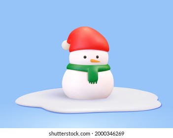 Cute snowman wearing Santa hat and green muffler scarf on snow. 3d illustration.