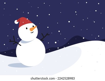 Cute snowman wearing Santa hat on snow ground with falling snow. Concept of winter season, outdoor night, Christmas. Flat vector illustration cartoon character.