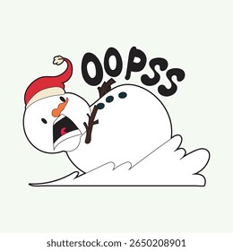 Cute snowman wearing Santa hat slipping and falling in snow, funny and adorable design perfect for Christmas greeting cards, winter holiday stickers, and cheerful seasonal decorations