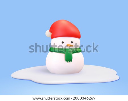 Cute snowman wearing Santa hat and green muffler scarf on snow. 3d illustration.