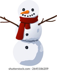 A  cute snowman wearing a scarf and featuring a classic carrot nose. Ideal for use in festive, seasonal, and children’s content