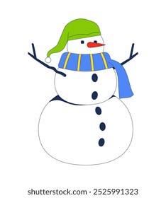 Cute snowman wearing scarf knitted hat 2D cartoon object. Wintertime leisure activity outdoor. Winter sculpture. Snow figure isolated element flat vector clipart on white background. Spot illustration