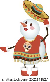 Cute snowman wearing a sombrero, dressed in Day of the Dead , colorful and fun with bright colors, a cute and friendly character, with a flat design on a white background.