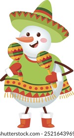 Cute snowman wearing a sombrero and poncho, holding maracas,Colorful design with a bright color palette of green, yellow, orange, and red. Simple line art style with high contrast, vibrant colors.