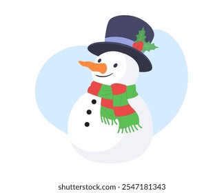 Cute snowman wears scarf and hat decorated with holly leaves and berries isolated on white background. Vector cartoon for Christmas festival, winter season, Happy New Year, greeting card, decoration.