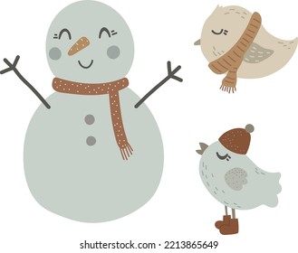 Cute snowman and winter birds vector illustration for design, print, pattern, isolated on white background