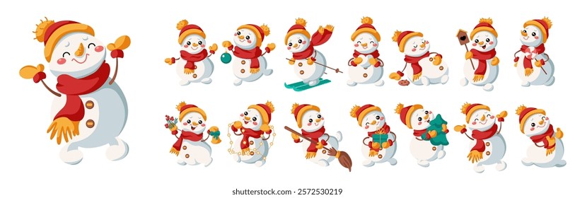 Cute snowman with winter clothing flat color vector icon set. Winter season atmosphere expressing characters pack on white background