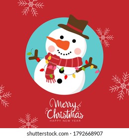 Cute snowman in winter costume with light bulbs. Merry Christmas and happy new year greeting card. Holidays cartoon character set.