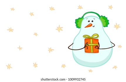 Cute snowman in winter fur headphones and a gift