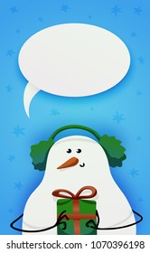 Cute snowman in winter fur headphones and a gift