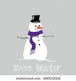 cute snowman, winter greetings card with cute character