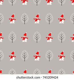 Cute snowman and winter tree seamless pattern on grey background. Vector holidays illustration for new year and Christmas. Cartoon style. Design for fabric, textile, wallpaper and decor.