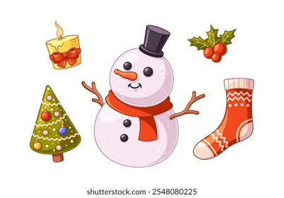 Cute snowman within Christmas tree, burning cozy candle, warm sock and holly mistletoe branch