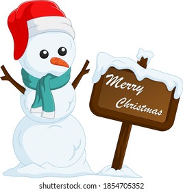 Cute snowman with wooden sign