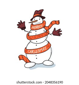 A cute snowman wrapped in long scarf wishes Merry Christmas  Hand  drawn doodle snowman in top hat   gloves isolated  Colored vector illustration winter character white background 
