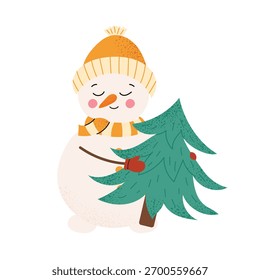 Lindo muñeco de nieve en sombrero amarillo abrazando el árbol de Navidad. Acogedora ilustración de invierno festivo para tarjetas de felicitación y diseño de vacaciones.