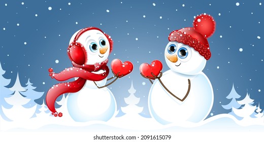 Cute snowmans in Love with hearts in hands under snowfall looks at each other