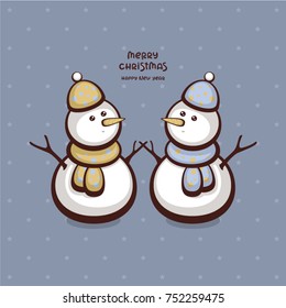 Cute snowmans. Vector illustration. Funny cartoon characters. Template for greeting card and holiday decoration.