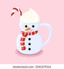Cute snowman-shaped mug topped with whipped cream and a candy cane, perfect for winter-themed designs. Set against a soft pink background, this vector illustration adds a festive touch.