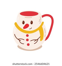 Cute snowman-shaped mug with a yellow scarf. Christmas hot drink