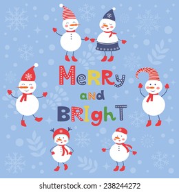 A cute snowmen card for merry and bright Christmas. Vector illustration