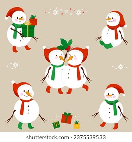 Cute snowmen with Christmas gifts and holy berry. Vector Illustration set