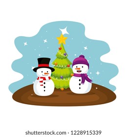 cute snowmen with christmas tree characters