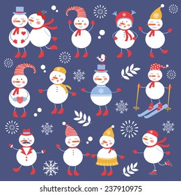 A cute snowmen collection. vector illustration