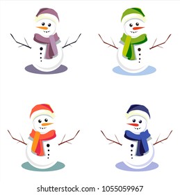 Cute snowmen in colorful hats on an isolated background