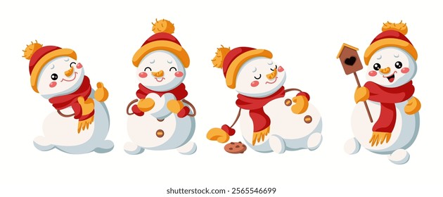 Cute snowmen expressing happiness flat color vector icon set. Cold season children holiday celebration characters pack on white background