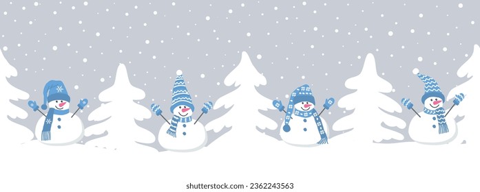 cute snowmen have fun in winter holidays. Seamless border. Christmas background. Four different snowmen in blue winter clothes and fir trees. template for greeting card. Vector illustration