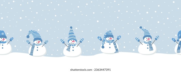 Cute snowmen have fun in winter holidays. Seamless border. Christmas background. Five different snowmen in blue winter clothes under the snow. Template for a greeting card. Vector illustration