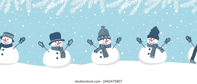 Cute snowmen have fun in winter holidays. Seamless border. Christmas background. Different snowmen in blue winter clothes under spruce branches. Template for a greeting card. Vector illustration