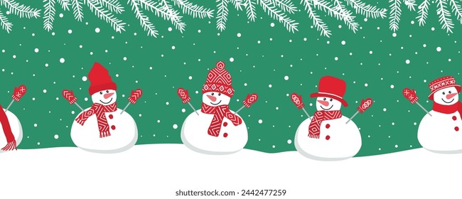 Cute snowmen have fun in winter holidays. Seamless border. Christmas background. Different snowmen in red winter clothes under fir trees branches. Template for a greeting card. Vector illustration