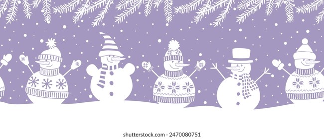 Cute Snowmen have fun in Winter Holidays. Seamless Border. Christmas Background. Different snowmen in winter clothes under spruce branches. Template for a greeting card. Vector illustration in purple