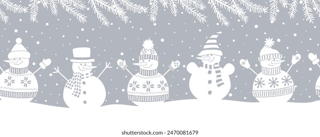 Cute Snowmen have fun in Winter Holidays. Seamless Border. Christmas Background. Different snowmen in winter clothes under spruce branches. Greeting Card Template. Vector illustration in gray 