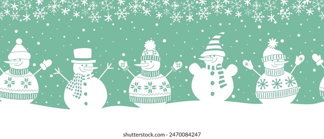 Cute Snowmen have fun in Winter Holidays. Seamless Border. Christmas Background. Different snowmen in winter clothes under snowflakes. Greeting Card Template. Vector illustration in green white