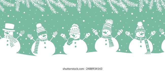 Cute Snowmen Have Fun in Winter Holidays. Seamless Border. Christmas Background. Different Snowmen in Winter Clothes under snowfall. Greeting Card Template. Vector Illustration in Green White
