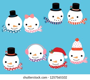 Cute snowmen heads with scarves and hats for Christmas holiday designs