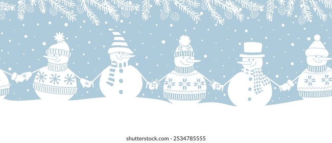 Lindos muñecos de nieve tomados de la mano. Frontera sin fisuras. Navidades Antecedentes. Diferentes muñecos de nieve en ropa de invierno bajo ramas de abeto con conos. Plantilla de tarjeta de felicitación. Ilustración vectorial en Azul Blanco