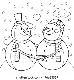 Cute snowmen hug in the snow. Vector black and white coloring page.