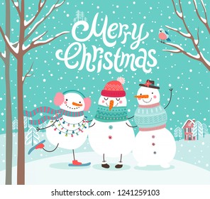 Cute snowmen hugging. Merry Christmas card. Vector illustration.