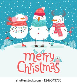 Cute snowmen hugging. Merry Christmas card. Vector illustration.