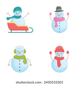 Cute snowmen icons set cartoon vector. Various cheerful christmas snowman. Merry christmas